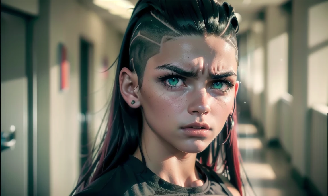 "((highly detailed, detailed eyes, detailed face, clear and realistic facial features, photorealistic, realistic light; cinematic)), (1 woman), ((((school hallway background)))), (((sexy athletic punk tough bully female))), ((18-year-old teenage female)), ((((glaring intimidating expression)))), (snarling), ((threatening mood)), ((blue-green eyes)), ((long black hair with an undercut)), (((dressed in trough attractive clothes))), ((red tint in hair)), ((blocking your path/standing in your way))."