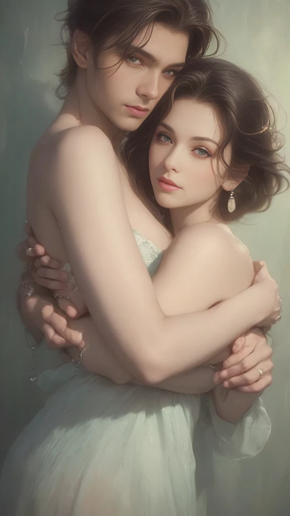 High-quality images of couples: blond man (Tall、Statue-like、Handsome and、Brave young man、Blue eyes、Curly golden hair、Wearing a grey antique military uniform) A woman with black hair (long straight black hair、Long Bangs、Blackberry eyes、A beautiful young femme fatale、naked、PRİNCESS、Hugging。They are in love with each other。Created by Boris Vallejo「Ideal Anatomy」The sketch of、It is characterized by being very detailed.。masterpiece、Detailed study of the face、Beautiful Face、Features of Beautiful Face、Perfect Image、Realistic shots、Detailed study of the face、Full body image、8k、Detailed Images、Highly detailed illustration、A true masterpiece of the highest quality、Careful drawing。Bare Skin、Gown and naked watercolor、