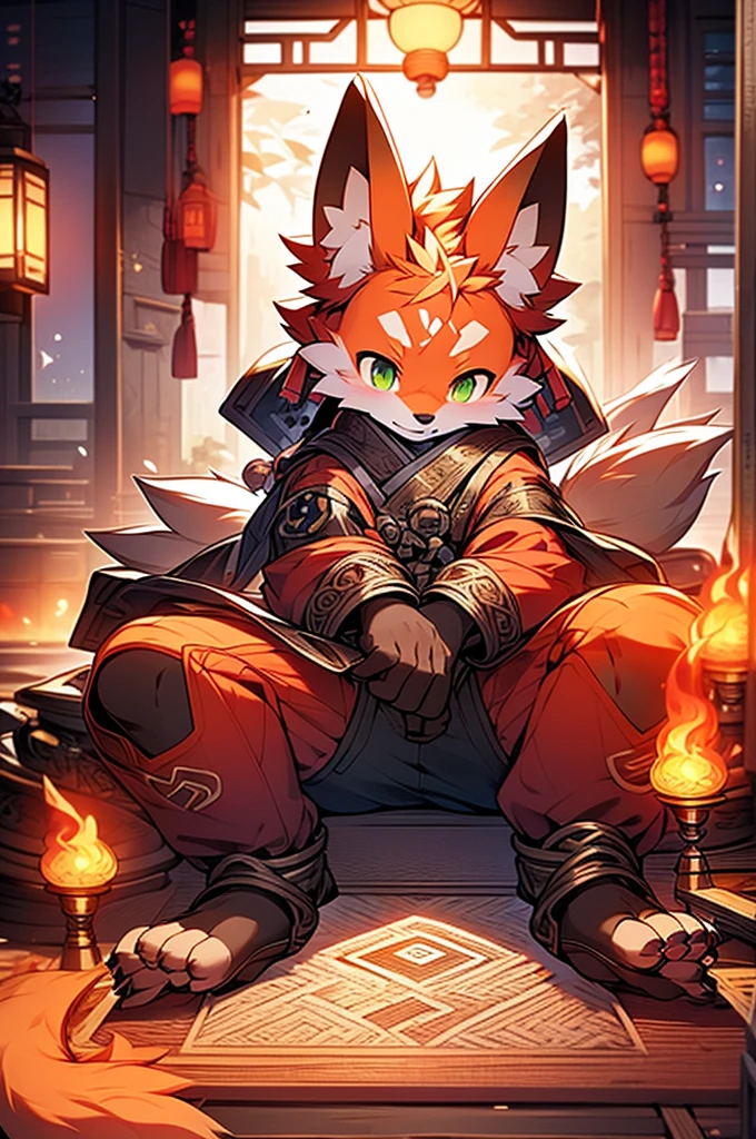 8k, Super Detail, precise, best quality，An 18-year-old fox boy sits on a mat in a teahouse，Green eyes，Flame-shaped pattern on arms，There is a fire spirit mark on the forehead，There are reddish-orange hairs, Rich plush texture, Bright and transparent eyes，Delicate hair, Animal anthropomorphism, Fluffy fox tail, Fox ears，Wear loose Chinese clothing, Handsome face，Boys，Fine details