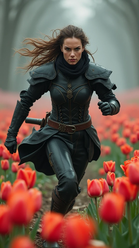 fantasy, dark fantasy, woman warrior, Leather armor, runs quickly through a field of tulips, detailed, profile shot, full body shot, disheveled hair from running