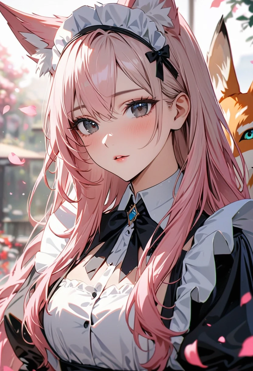 female, female, female fox, fox ears, white hair, pink hair, long hair, black eyes, pretty, beautiful, beautiful color, mature, dress, flying petals, super detail, beautiful color,peerless beauty, high quality, macro picture, adult, maid costom, beautiful eyes, maid