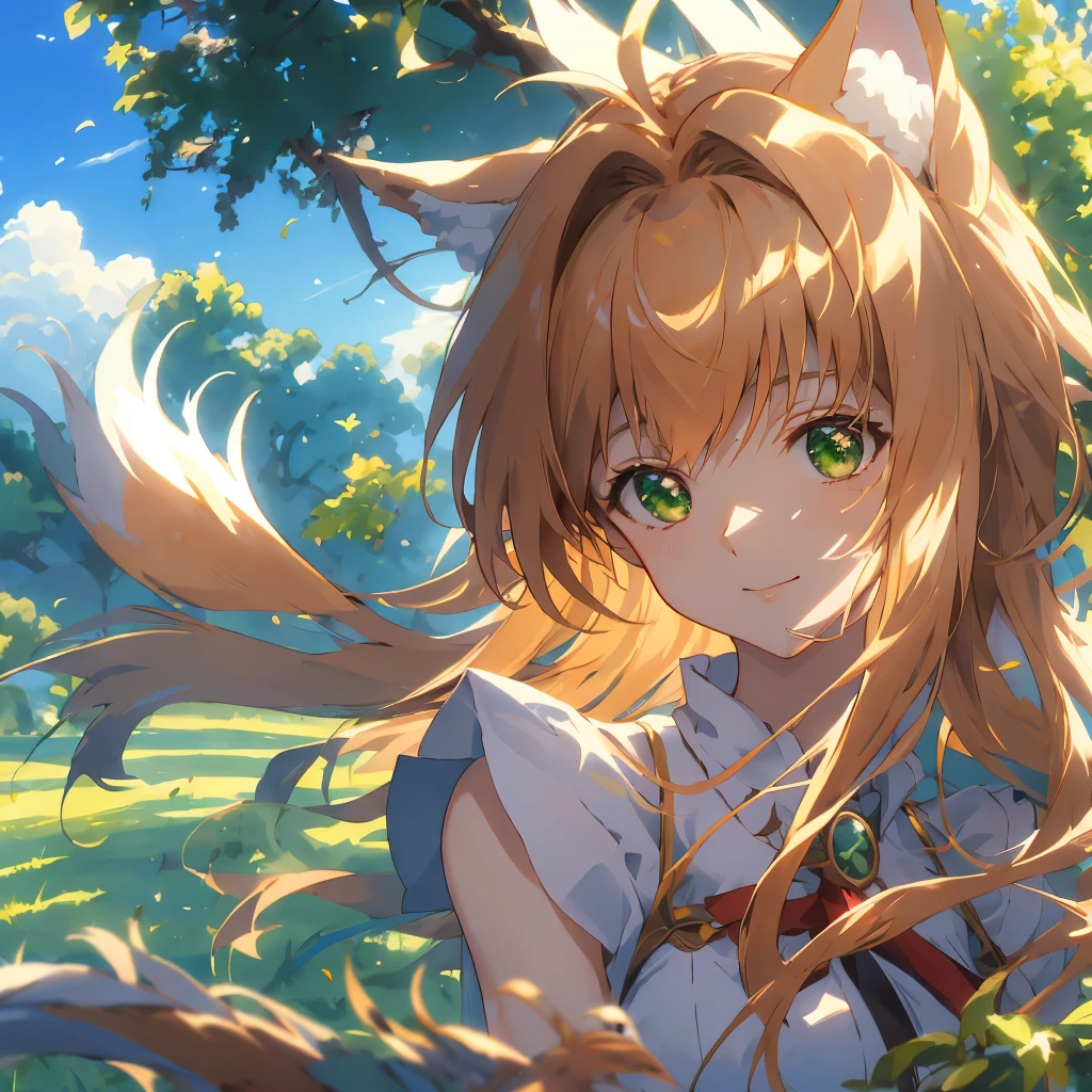 master piece, Best Quality, A high resolution, top-quality, Anime style, The best lighting, Beautiful face, kinomoto sakura, 1woman, tall, 30 years old, large breasts, light brown hair, very Short hair, shoulder length hair, Antenna Hair, Green eyes, frills, dynamic angle, wolf ears and tail, confident smile, vibrant colors, green meadows, , looking at viewer, green grass, open plains, trees in the distance, blue skies,