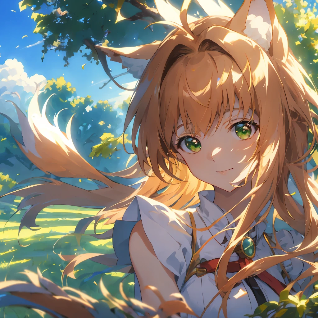 master piece, Best Quality, A high resolution, top-quality, Anime style, The best lighting, Beautiful face, kinomoto sakura, 1woman, tall, 30 years old, large breasts, light brown hair, very Short hair, shoulder length hair, Antenna Hair, Green eyes, frills, dynamic angle, wolf ears and tail, confident smile, vibrant colors, green meadows, , looking at viewer, green grass, open plains, trees in the distance, blue skies,