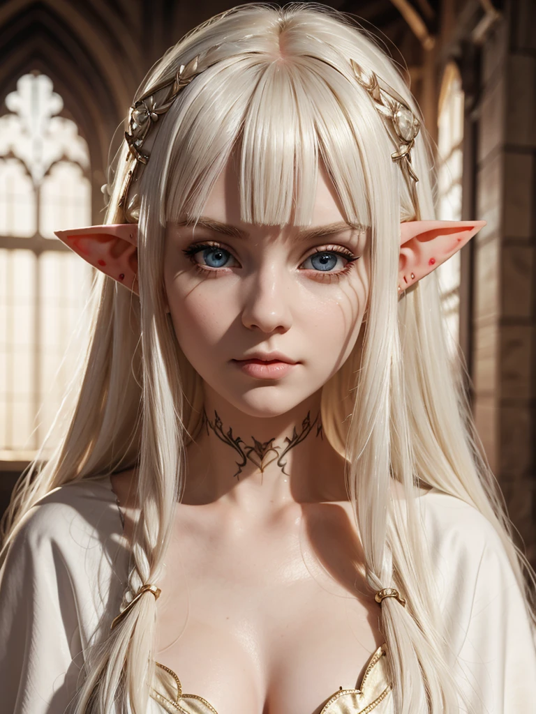 (best quality), 1girl, Female, pale skin, platinum blonde hair, very long hair, parted bangs, hazel eyes, big eyes, perfect eyes, elf, cleric robe, red face tattoos, small bust, fantasy universe, masterpiece, anatomically correct, highres
