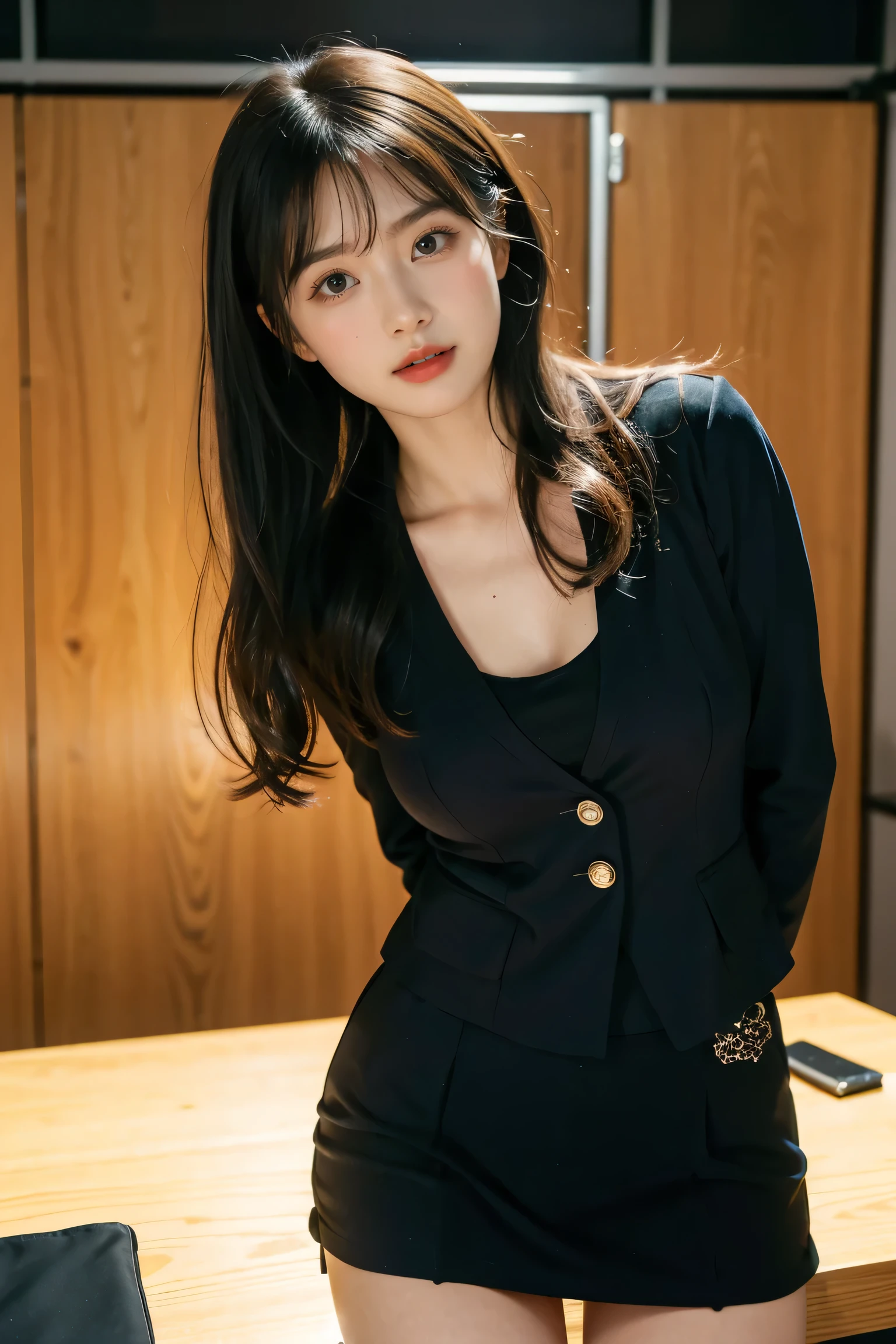 Urzan-6500-v1.1, (RAW Photos:1.2), (Realistic:1.4), Beautiful detailed girl, Very detailed eyes and face, Beautiful and detailed, Ridiculous, 信じられないほどRidiculous, Huge file sizes, Very detailed, High resolution, Very detailed, Highest quality, Tabletop, One Girl, , ((Very detailed)), ((Dynamic pose))), (Camel Toe), (Open your mouth)),((Droopy eyes)),((Round face)),((Curl the inside of your hair)), (avert your eyes:1.1),Face close-up、Upper Body、Black costume、With bangs、((thin))、the body is slim、((Looking down)、((Eyes Wide Open))、(Black office suit))、((Formal office suit))、skirt、shout、Sing a song、Open your mouth,Open your legs a little、
