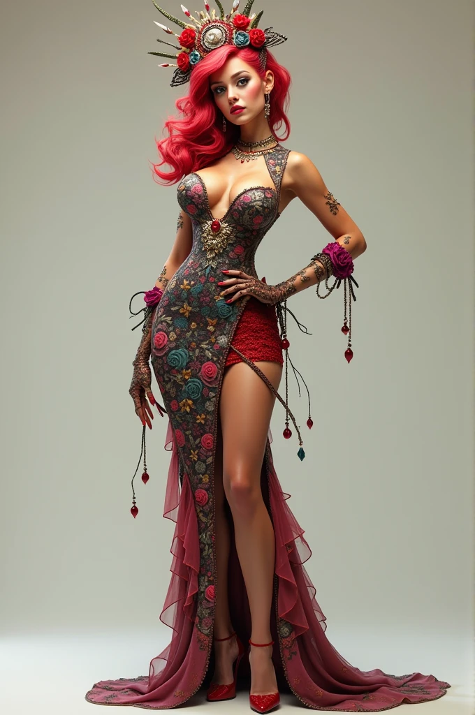 Hyper detailed Full body portrait of passionate woman in hyper provocative dress, flirts actively, Whimsical character design, creative, expressive, detailed, colorful, stylized anatomy, high-quality, digital art, 3D rendering, stylized, unique, award-winning, Adobe Photoshop, 3D Studio Max, V-Ray, playful, plain background