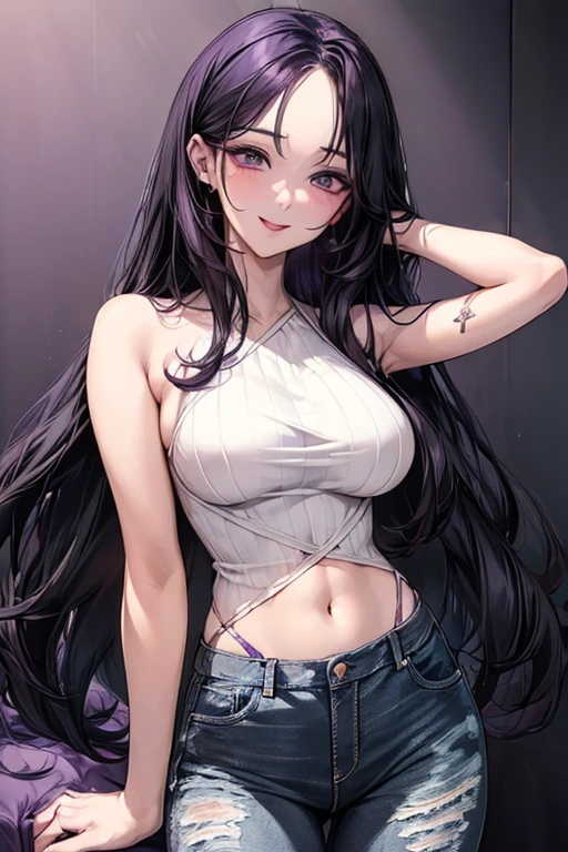 (((black hair,))), long hair, (((purple eyes))),(((forehead))), sexy, large breasts, beautiful body, masterpiece, smile, ,busty, buxom, curvy, voluptuous,Sexual Intercourse, Very detailed、highest quality、Best image quality、masterpiece、8k、Anime Face、A kind smile、Open Mouth、((black middle hair:1.5))、big breast, sexy、 beautiful body 、Cowboy Shot, Sexual Intercourse, ((purple eyes)), hotel bedroom, ((( Jeans))), (((pink lingerie))