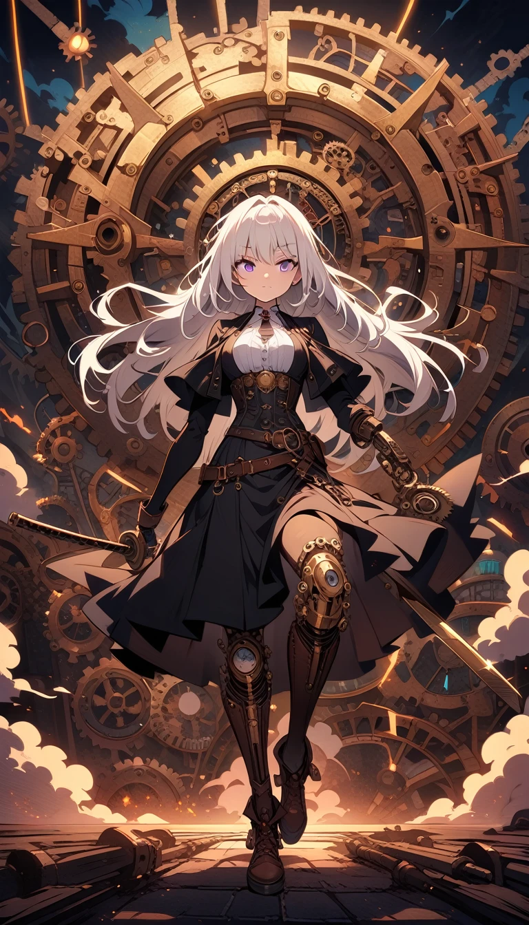 ((best quality)) , ((masterpiece)) , (detailed),anime style illustration of an anime girl with long white hair and purple eyes wearing black school uniform skirt holding katana, in the background there is moonlight sky with neon clouds, colorful light effects, full body shot, epic pose, digital art style,((steampunk style . antique, mechanical, brass and copper tones, gears, intricate, detailed))