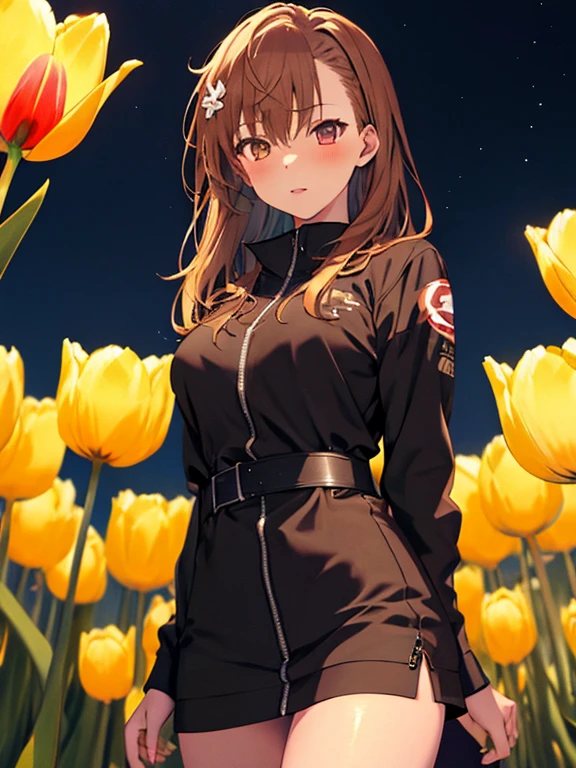 tulip, night, typhoon, Misaka Mikoto, highest quality, 1girl, uhd, retina, masterpiece, ccurate, anatomically correct, textured skin, super detail, high details, high quality, best quality, highres, 4K