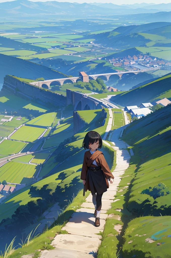 ph blue, scenery, No humans, landscape, (masterpiece,Highest quality:1.4), Highest quality、masterpiece、((Very detailed))、High quality、(High resolution)、8k wallpaper、High qualityで美しい目、((Fantasy))、(town)、Daytime、Girl with short black hair、Monk's working clothes、Age 25、