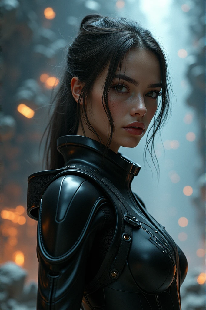 concept art, portrait 1girl wearing black sci-fi clothes, futuristic,, style by Nirav Patel,symmetrical fractal megastructure Colossal scale, cinematic, wide angle, dramatic lighting, perfect focus, depth of field the view from afar,Look at the camera