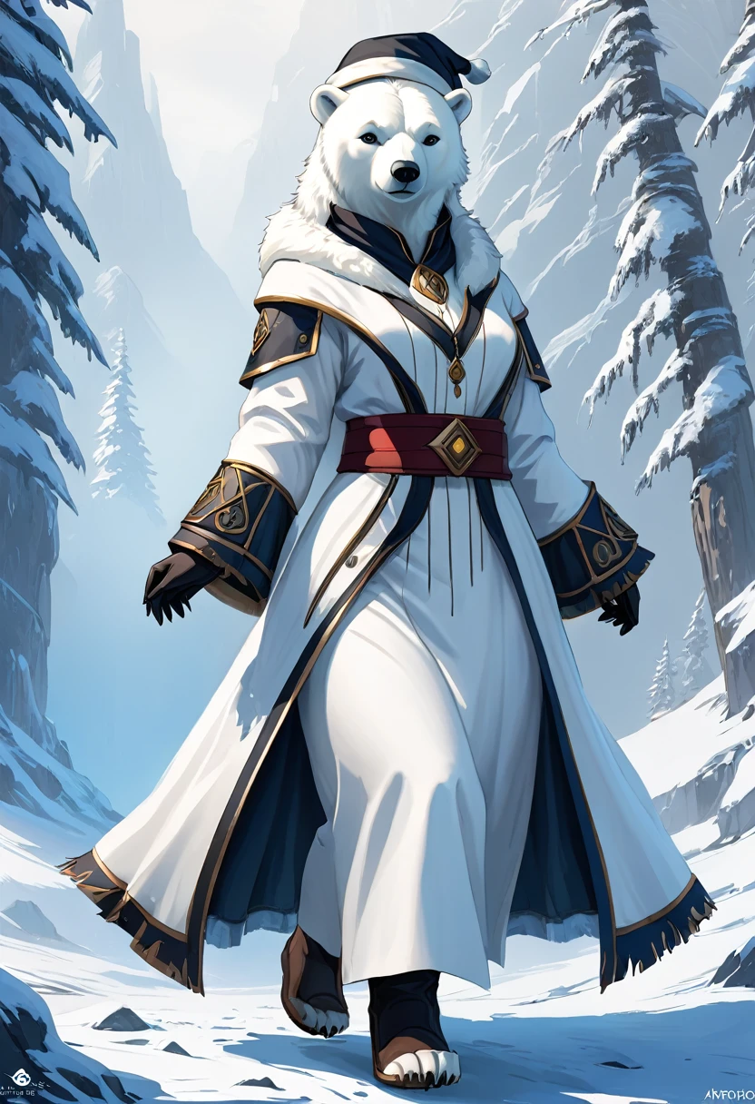 Anthropomorphic Polar Bear Mage. Official Art – An Award-Winning Digital Masterpiece In 4K Ultra HD, Extreme Detail And Intricate Realism. Symmetrical Face. This Concept Art Brought To Life By The Hands Of Artists Like Wlop & Artgerm In A Stunning 2D Vector Illustration.Background Is A Panoramic Vista.