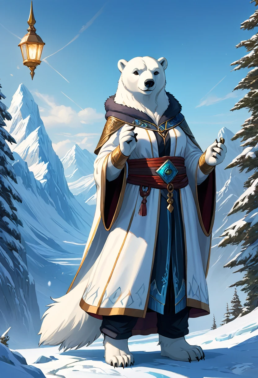 Anthropomorphic Polar Bear Mage. Official Art – An Award-Winning Digital Masterpiece In 4K Ultra HD, Extreme Detail And Intricate Realism. Symmetrical Face. This Concept Art Brought To Life By The Hands Of Artists Like Wlop & Artgerm In A Stunning 2D Vector Illustration.Background Is A Panoramic Vista.
