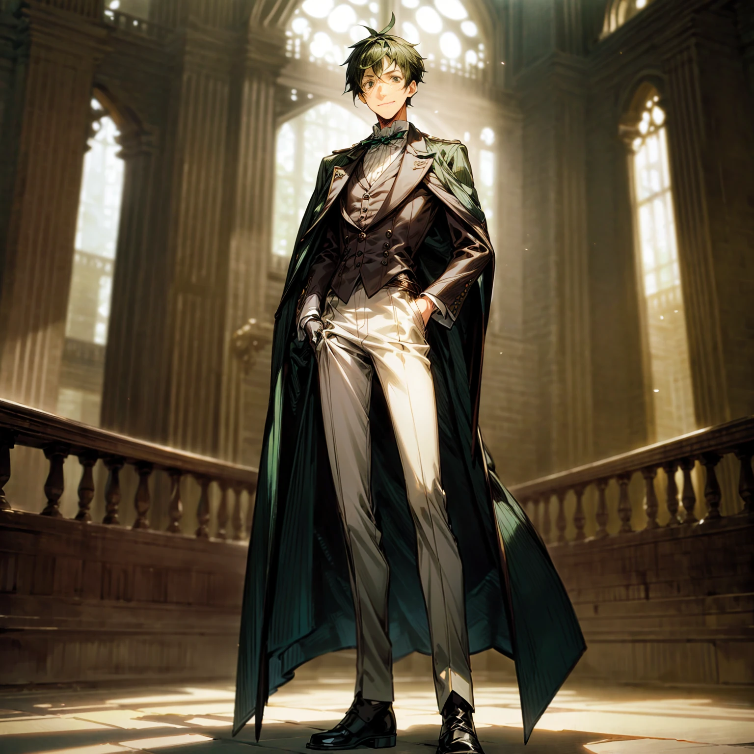 Solo character, young man, tall height, full body version, green colour hair, short haircut, formal suit clothing, white color clothing, brown pants, boots, gloves, indoor, medieval, Castle, top hat pandora, (moustache), (black clover style art), detailed clothing, detailed hair, detailed background, standing gesture, blue fire in hand, smile mouth,