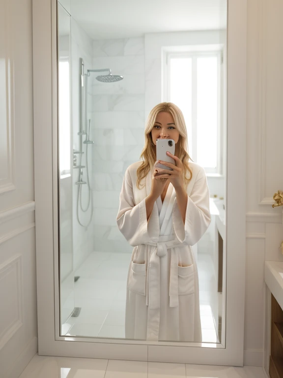 blond woman in white robe taking selfie dans la salle de bain mirror, clad en robe, dans la salle de bain, vêtu d'une robe, en robe, irina nordsol kuzmina, dans une salle de bain, Porter une simple robe, Peignoir de bain, covered en robe, Elena Belova, Angelina Stroganova, avec un miroir, Anna Nikonova alias Newmilky, porter des robes simples