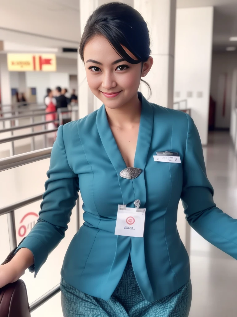 1girl, solo, 19 years old, standing in the middle of a large airport, thick medium breasts, semi-curvy body, smooth realistic skin, cute little smirk, wearing flight attendant uniform, looking at the audience, (overhead shot:1.2), (zoom out:1.4), (8k, RAW photo, best quality, masterpiece: 1.4), (realistic, realistic: 1.37), ultra-high resolution, cowboy shot