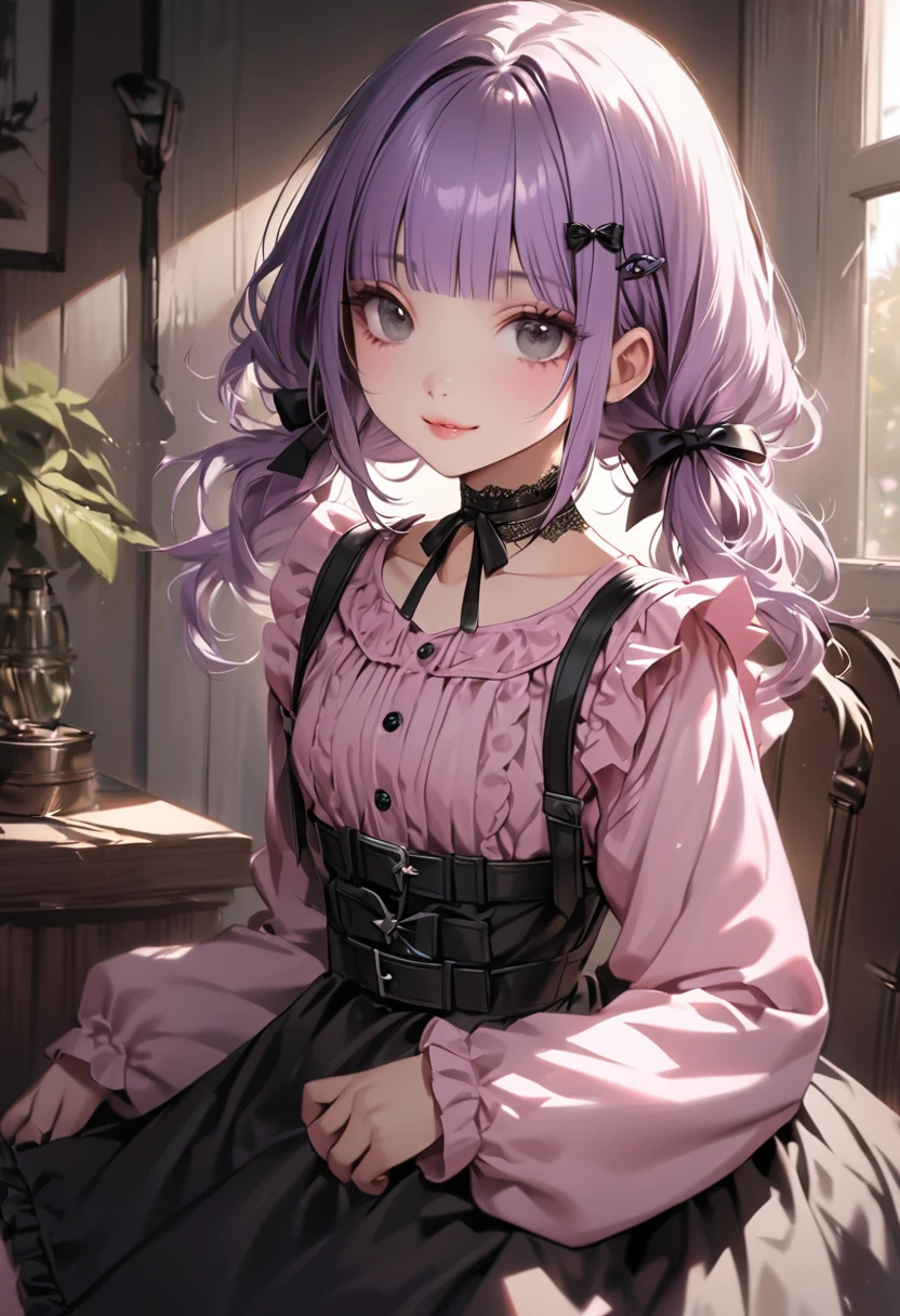 (Cute a girl:1.5), (a girl with closs hair pin, pale purple hair, low twintail, blunt bangs hair, green and black eyes, closs hair pin,pink lips,
pink shirt,cosplay, jirai kei, bangs, black skirt, black bow, looking at viewer, bow, long sleeves, choker, ribbon,smiling,
:1.4), anime visual, (tilt head:1.3), realistic lighting and shading,muted colors,soft focus, (an extremely delicate and beautiful art:1.3),