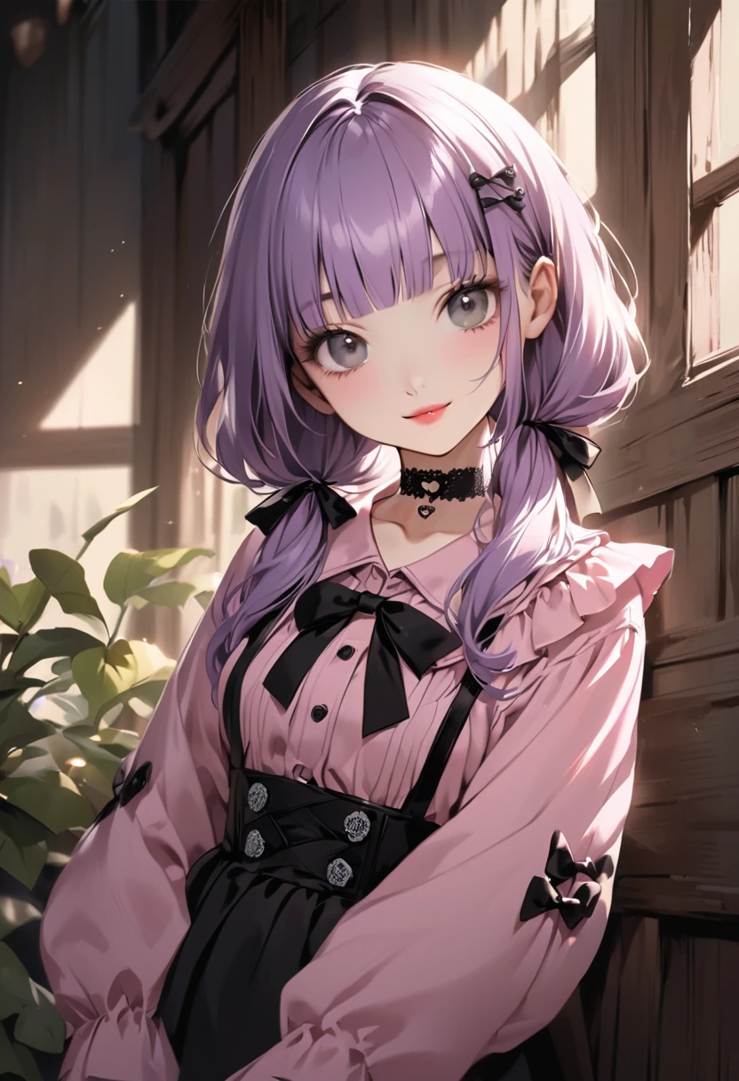 (Cute a girl:1.5), (a girl with closs hair pin, pale purple hair, low twintail, blunt bangs hair, green and black eyes, closs hair pin,pink lips,
pink shirt,cosplay, jirai kei, bangs, black skirt, black bow, looking at viewer, bow, long sleeves, choker, ribbon,smiling,
:1.4), anime visual, (tilt head:1.3), realistic lighting and shading,muted colors,soft focus, (an extremely delicate and beautiful art:1.3),
