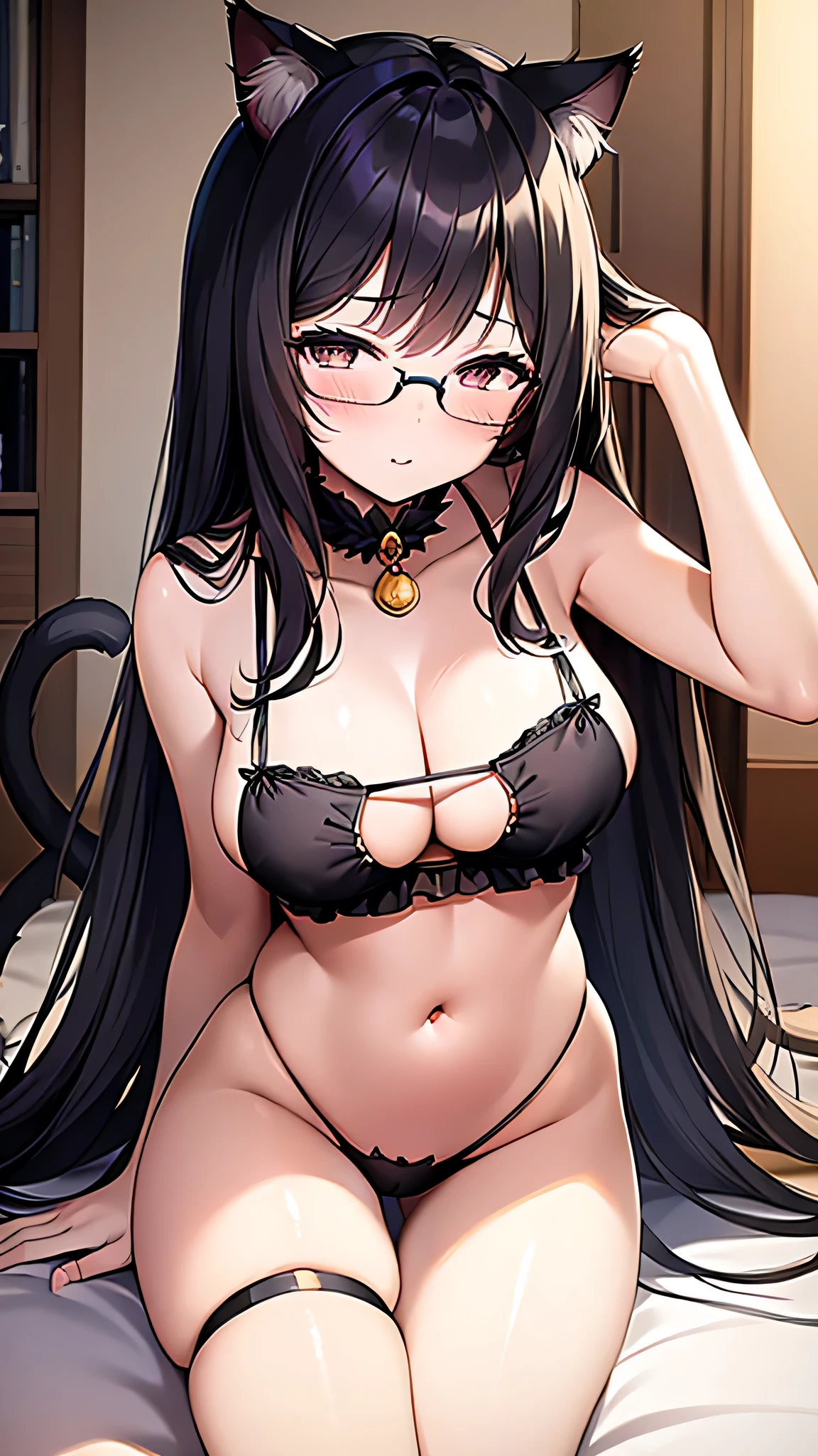 (Masterpiece), (best quality), A 20-year-old cat girl with long black hair, cat ears and a furry tail, gray eyes, breasts, round glasses, black lingerie, Sexy Attire Cat Lingerie.