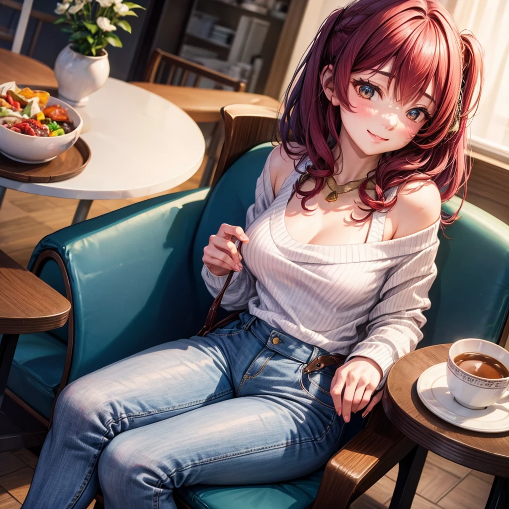 Photorealistic, high-quality 32k photo of a beautiful Japanese girl in a casual, chic outfit, with detailed eyes and a charming smile, seated at a cozy café. She’s wearing a stylish sweater and jeans, with ankle boots and a simple necklace, her hair styled in a soft wave. The image captures her in a warm, inviting café setting, with a focus on her relaxed posture and the ambient light highlighting her face