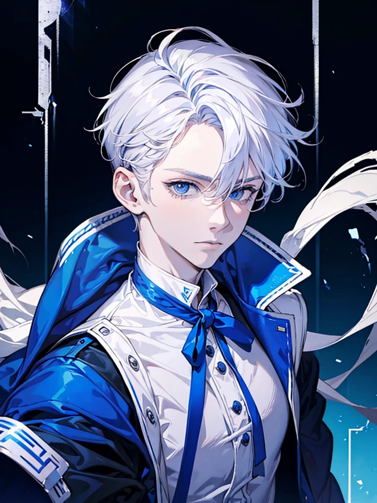 boy, blue eyes, white short wavy hair, cool boy, handsome boy. sadistic mile. noble. intimidation