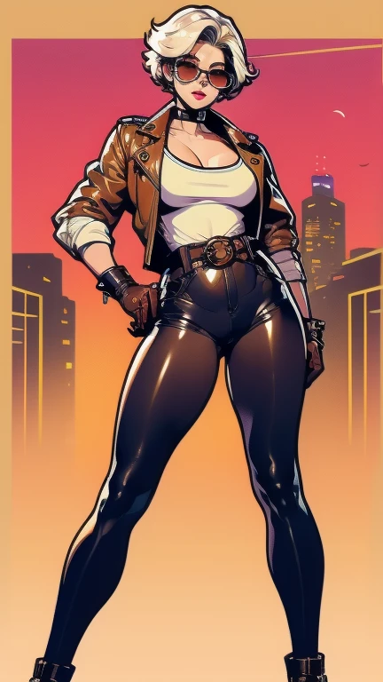 (masterpiece), best quality, expressive eyes, perfect face(masterpiece), best quality, expressive eyes, perfect face, a woman, 25 age,  80s style, short white hair, bronze skin, large breasts, wide hips, brown leather jacket, 
amber eyes, dark aviator glasses, neon city on background, holsters, spike chocker, holster, gun holster, bondage gear, armwear, legwear, black gloves, elbow sleeves, thick thighs,  pantyhose, harness, shaved pussy, pussy visible through clothes, see-through pantyhose, pussy visible through pantyhose, shirtless, 