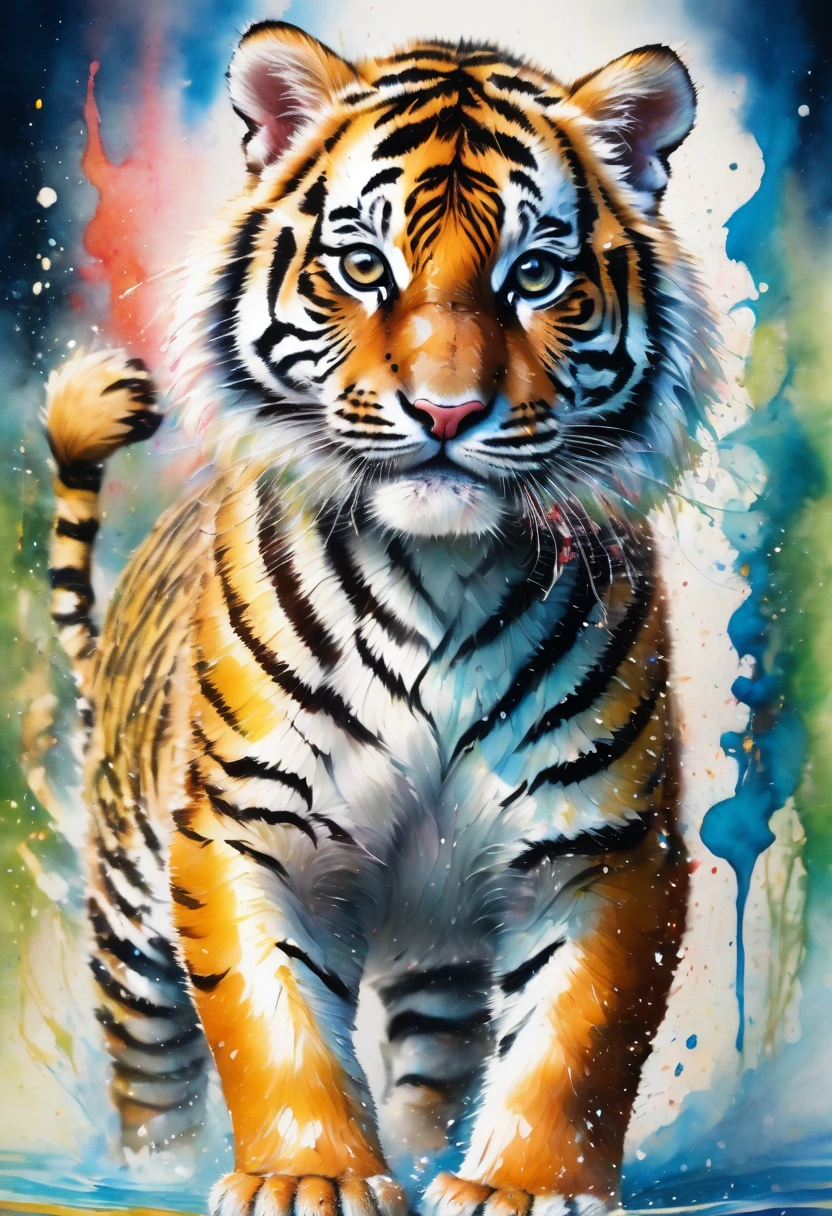 a tiger, Aquarell, Full body, 8k resolution Photorealistic masterpiece, elaborately detailed fluid painting, Acryl: colorful watercolor art, cinematic lighting, maximalist photoillustration, Concept art with 8K resolution and intricate details, complex, elegant, expansiv, fantastic, psychedelic realism, dripping paint