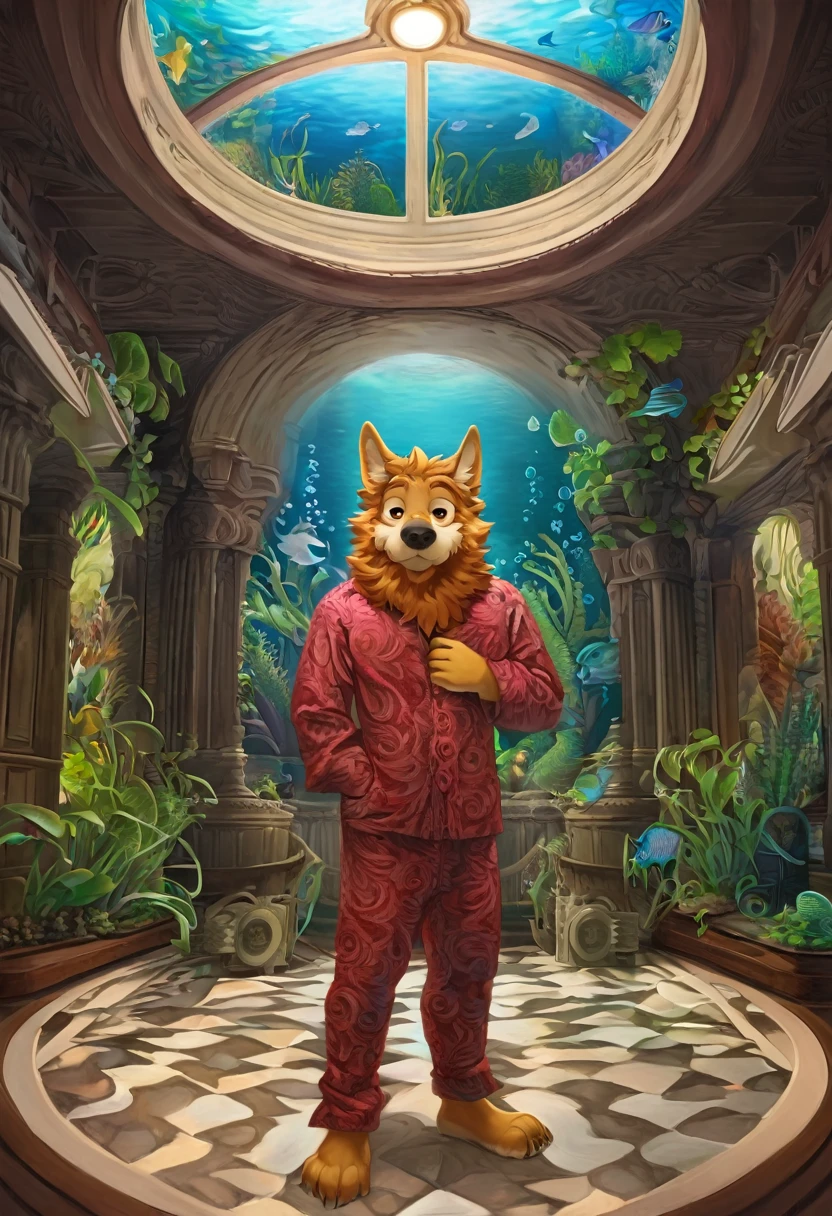 Top quality, best quality, Michelangelo's high-quality illustrations, author：johannes vemeer, masterpiece, Ultra-high resolution, Detailed background,(Textile Art, pajamas, surrounded cistern, transparent aquarium, Aquatic plants, fluorescent lamp, caustics)(reflect, refraction, polarization:1.2)(Very detailed and beautiful face and eyes)absurd, Perfect anatomical structure(Handsome 1boy, Beast field, Focus only, adventurer, archaeologist)(hairy)(hairy anthro:1.7)(hairy身体, dog facial features, dog body features)(Very fine body hair)whole body, Poker face, Shut up, Antique furniture, Shadowed side,