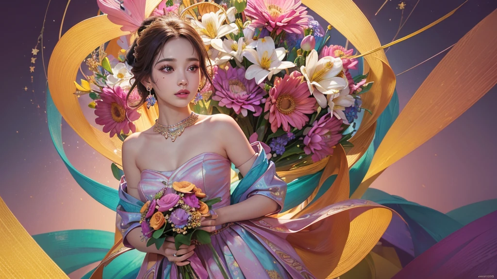 32K, 最高quality, 最高masterpiece, (ultra-Detailed Background, Detailed Background), High resolution, Super detailed, Very detailedな, One girl, (bouquet:1.3), (Tangled:1.2), (Geometric:1.2),(colorful),(masterpiece, quality, best quality, Official Art, Beautiful and beautiful:1.2), (1 girl:1.3), Very detailed,(colorful:1.1)(Flowers:1.3),Most detailed,(Tangled:1.2), whole body, (Abstract background:1.3), (Skin glows), (Many colors:1.4), ,(Earrings Jewelry:1.5), Gradient pink background,