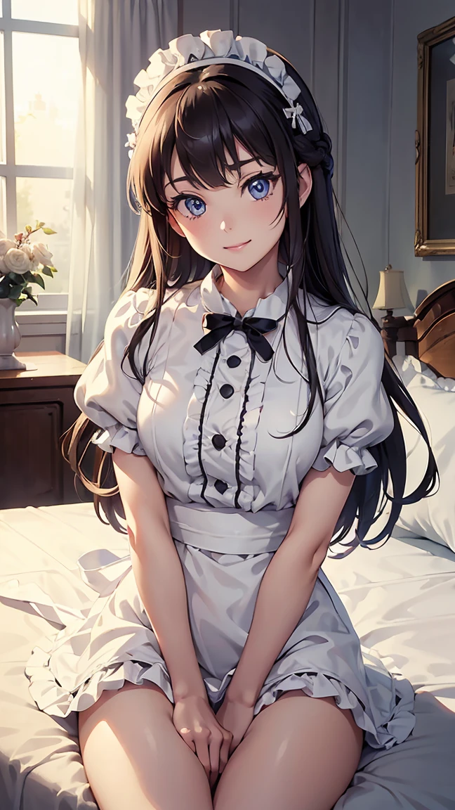 MakuzawaOuka, long hair, maid, maid headdress, striped dress, white apron, black ribbon,BREAK looking at viewer, (cowboy shot:1.5), BREAK (masterpiece:1.2), best quality, high resolution, unity 8k wallpaper, (illustration:0.8), (beautiful detailed eyes:1.6), extremely detailed face, perfect lighting, extremely detailed CG, (perfect hands, perfect anatomy),---(beautiful anime face, cute face, detailed face), smile of joy, smiling expression, sitting on bed, cowboy shot, miniature human hand, (((medium bust 1.3))), (((thin thighs 1.3))), ((white walls bedroom 1.5)), ((white framed bed 1.5)), ((white ceiling bedroom 1.5)), ((divine light 1.5)), pure white chalk interior, pure white marble interior, ((Pure white bedroom like a Western castle: 1.5)), ((Luxurious pure white canopy bed: 1.4)), ((Chandelier: 1.4))), ((Pure white bed 1.5)), ((Beautifully decorated bedroom 1.5)), perfect anatomy, perfect proportions, nice lighting, bright colors, clean lines, information, blurred, stunning facial expression, restless emotions, gorgeous and cute, beautiful face and eyes in every detail, (masterpiece) beautiful face, young and handsome girl, really perfect skin, blurred, stunning facial expression, restless emotions, gorgeous and cute, beautiful face and eyes in every detail, (Audrey Hepburn), (cute), (J-POP idol), (thighs, (depth of field), (depth of field), soft light, glittering lens gaze, (droopy eyes), straight teeth, shy smile, flowing hair, a scene from Blake's movie,