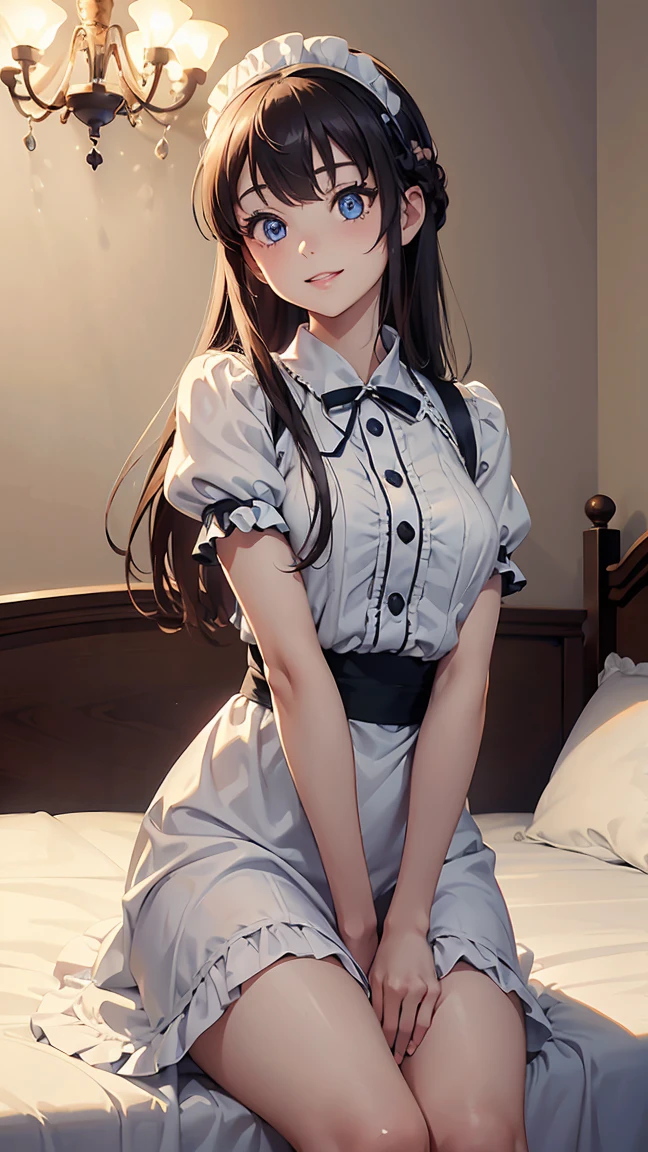 MakuzawaOuka, long hair, maid, maid headdress, striped dress, white apron, black ribbon,BREAK looking at viewer, (cowboy shot:1.5), BREAK (masterpiece:1.2), best quality, high resolution, unity 8k wallpaper, (illustration:0.8), (beautiful detailed eyes:1.6), extremely detailed face, perfect lighting, extremely detailed CG, (perfect hands, perfect anatomy),---(beautiful anime face, cute face, detailed face), smile of joy, smiling expression, sitting on bed, cowboy shot, miniature human hand, (((medium bust 1.3))), (((thin thighs 1.3))), ((white walls bedroom 1.5)), ((white framed bed 1.5)), ((white ceiling bedroom 1.5)), ((divine light 1.5)), pure white chalk interior, pure white marble interior, ((Pure white bedroom like a Western castle: 1.5)), ((Luxurious pure white canopy bed: 1.4)), ((Chandelier: 1.4))), ((Pure white bed 1.5)), ((Beautifully decorated bedroom 1.5)), perfect anatomy, perfect proportions, nice lighting, bright colors, clean lines, information, blurred, stunning facial expression, restless emotions, gorgeous and cute, beautiful face and eyes in every detail, (masterpiece) beautiful face, young and handsome girl, really perfect skin, blurred, stunning facial expression, restless emotions, gorgeous and cute, beautiful face and eyes in every detail, (Audrey Hepburn), (cute), (J-POP idol), (thighs, (depth of field), (depth of field), soft light, glittering lens gaze, (droopy eyes), straight teeth, shy smile, flowing hair, a scene from Blake's movie,