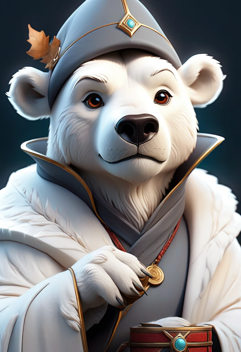 Anthropomorphic Polar Bear Mage. Official Art – An Award-Winning Digital Masterpiece In 4K Ultra HD, Extreme Detail And Intricate Realism. Symmetrical Face. This Concept Art Brought To Life By The Hands Of Artists Like Wlop & Artgerm In A Stunning 2D Vector Illustration.Background Is A Panoramic Vista.