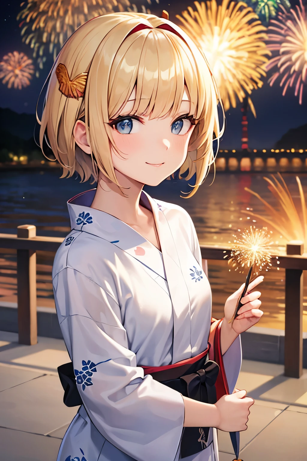 Shortcuts, bob, bangs, Headpiece, smile, portrait,Goldfish pattern yukata,Blonde,firework