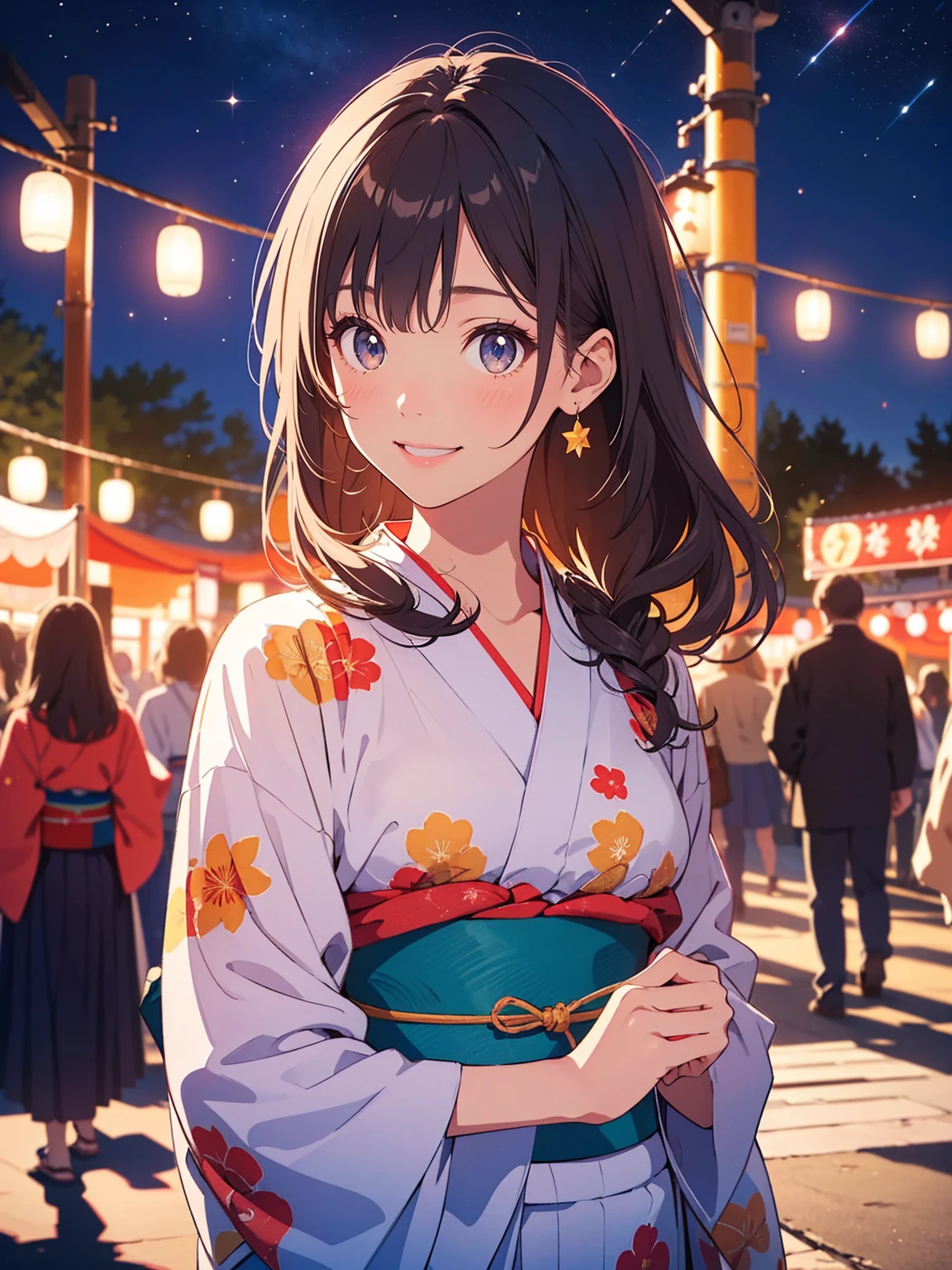 Summer festival,Date with her,night, Starry Sky,yukata,Gazing at the sky,high school girl,smile,Glitter effect,Highest quality, 8k, High resolution, masterpiece:1.2, Very detailed, Realistic:1.37, High resolution, 超High resolution, Ultra-fine painting, Very detailed, Professional, Vibrant colors