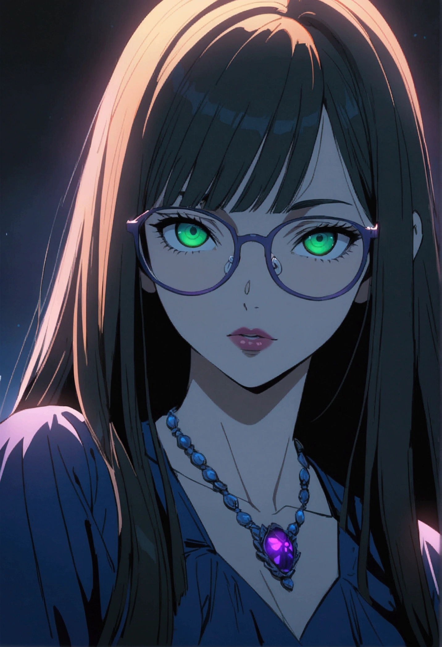 1 woman adult, straight hair, green eyes, beautiful detailed eyes, beautiful detailed lips, extremely detailed face and eyes, long eyelashes, blue shirt, necklace with purple flower, bangs divided in two, wide and mature face, glasses, detailed, 8k, anime, concept art, dramatic lighting, cinematic, vivid colors, highly detailed, masterpiece, best quality