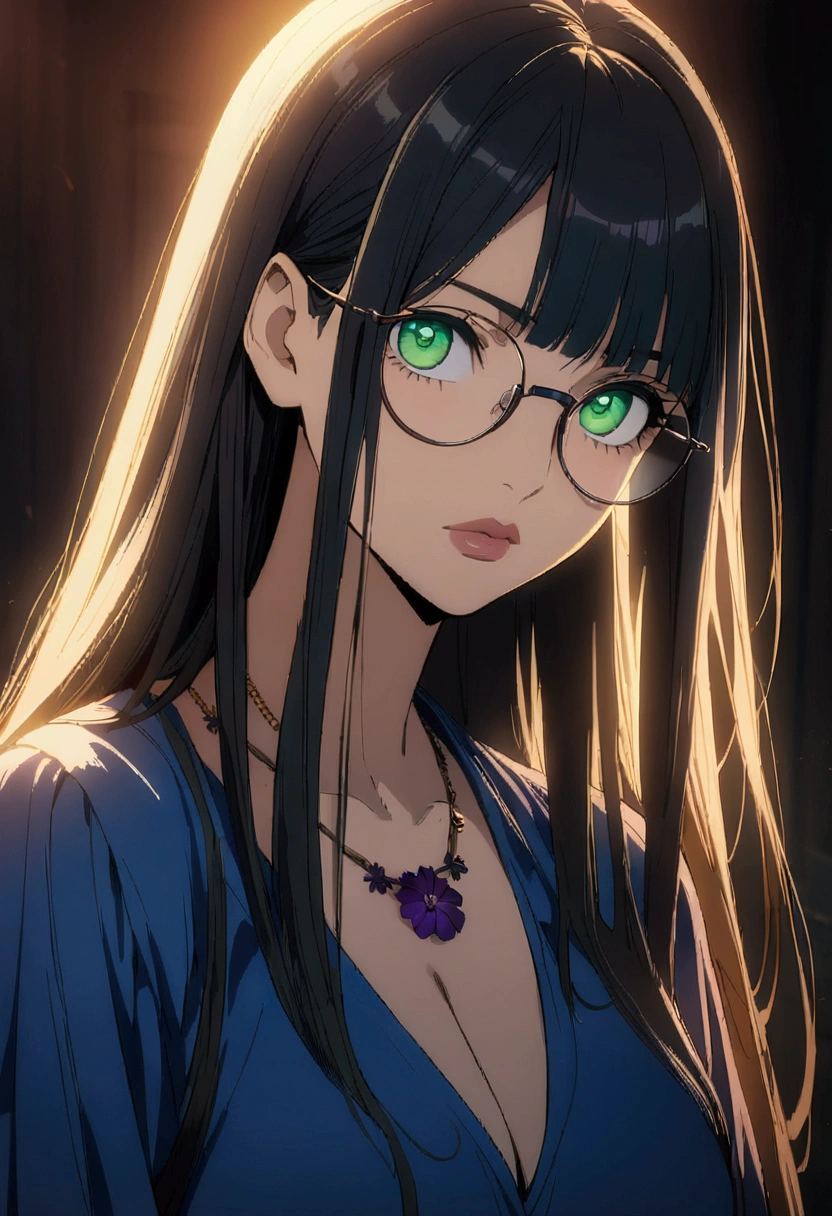 1 woman adult, straight hair, green eyes, beautiful detailed eyes, beautiful detailed lips, extremely detailed face and eyes, long eyelashes, blue shirt, necklace with purple flower, bangs divided in two, wide and mature face, glasses, detailed, 8k, anime, concept art, dramatic lighting, cinematic, vivid colors, highly detailed, masterpiece, best quality