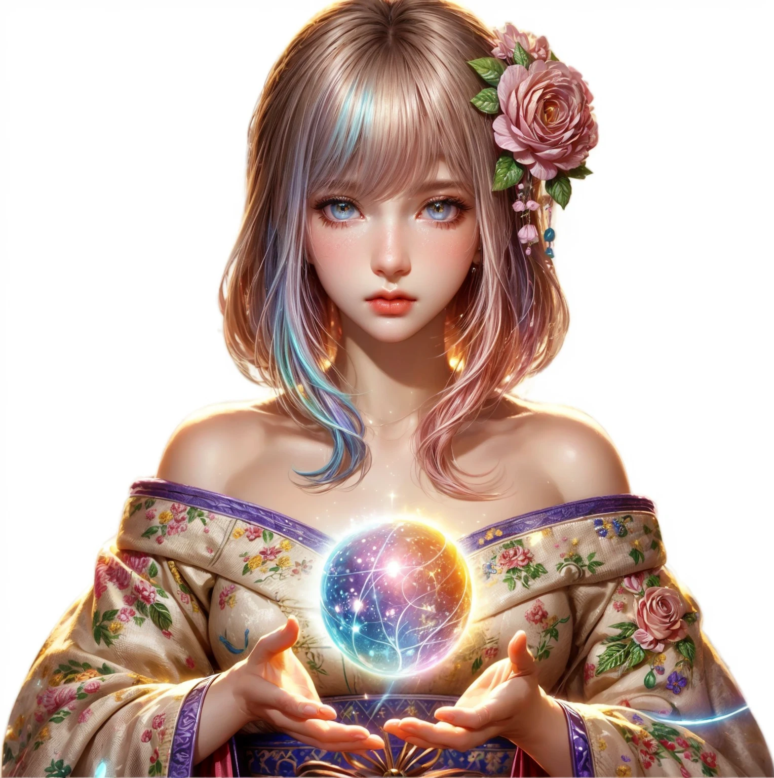 beautiful young girl, (1girl:1.4), elegant and graceful, delicate facial features, big bright eyes, long eyelashes, pointed nose, rosy red lips, long silky hair cascading down her shoulders, wearing an ornate, intricate (flowery dress:1.2), in a serene (lush garden:1.2) setting, surrounded by (blooming flowers:1.2), bathed in warm (golden hour lighting:1.3), (highly detailed, masterpiece, best quality, 4k, hyperrealistic, photorealistic:1.6), digital painting, concept art style ((good composition)) ((not center))
