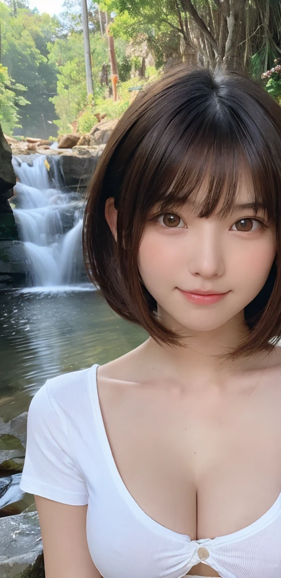 One Girl, (beautiful girl, Delicate girl:1.3), (16 years old:1.3),
break, (Plain T-shirt:1.2),
break, (Small waterfall background:1.2),
break, smile, Very beautiful eyes, (Symmetrical eyes:1.3),
break, (Big Breasts:1.3), Brown eyes, Parted bangs, Brown bob cut hair, Round face, cute,
break, (Eye and facial details:1.0),
break, (masterpiece, Highest quality, Very detailed, Detailed face, 8k)