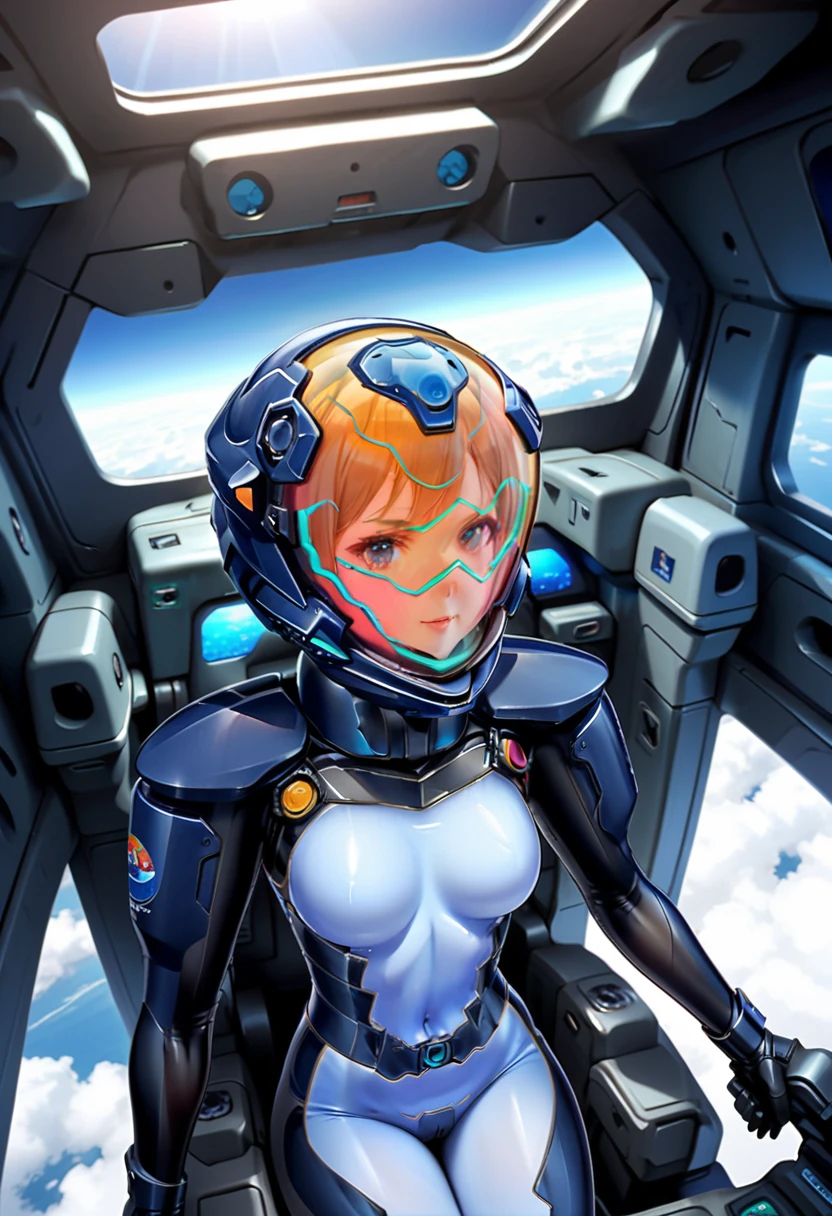 ((Female pilot in the cockpit of a reconnaissance plane), (airplane cockpit), (in flight), (10000 feet altitude)、(sky view):1.7),, short hair, street, emo, BLACK hair, white eyes, eyeliner, apocalypse, 2girl, nside the (cockpit:1.9) of a (futuristic spaceship:1.6), , blush covered navel, space helmet, muvluv, space helm, plug suit , space helmet, eva helm, space suit, short hair,  blue bodysuit, visor helmet, from below