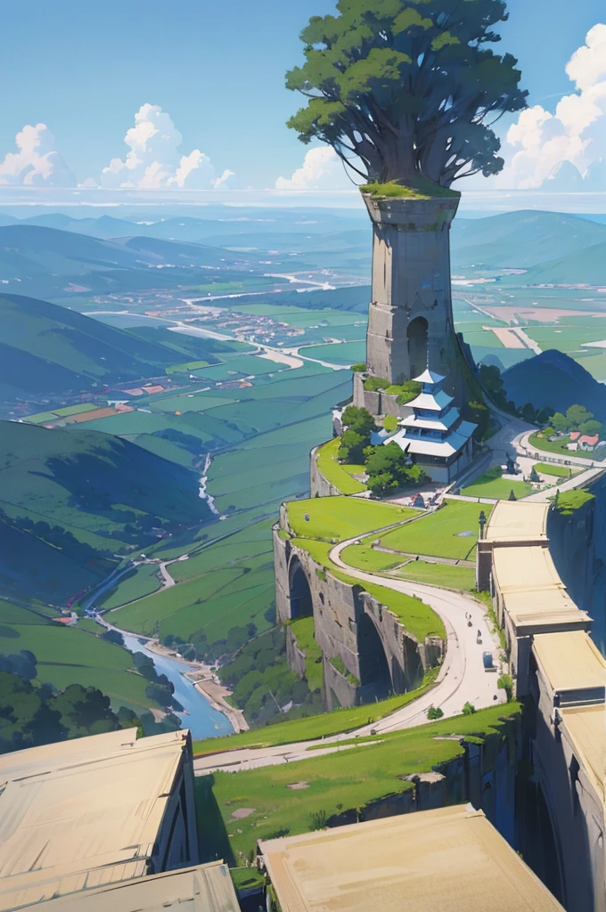 ph blue, scenery, No humans, landscape, (masterpiece,Highest quality:1.4), Highest quality、masterpiece、((Very detailed))、High quality、(High resolution)、8k wallpaper、High qualityで美しい目、((Fantasy))、(town)、Daytime、Girl with short black hair、Monk's working clothes、Age 25、