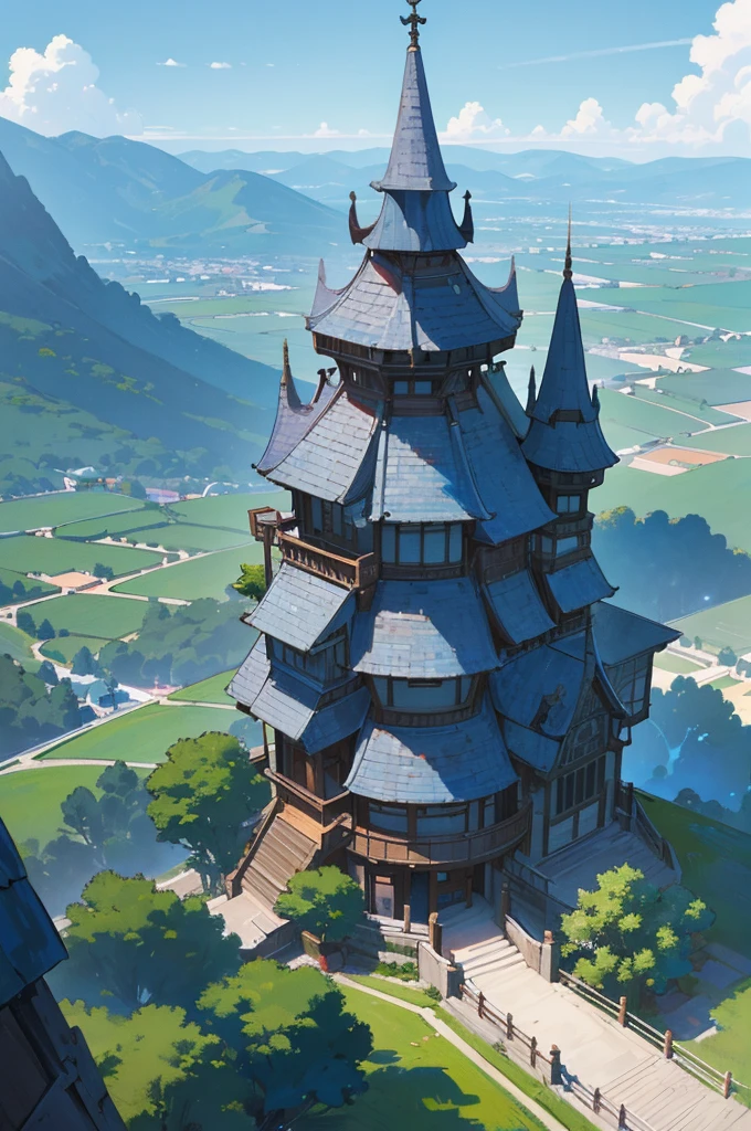 ph blue, scenery, No humans, landscape, (masterpiece,Highest quality:1.4), Highest quality、masterpiece、((Very detailed))、High quality、(High resolution)、8k wallpaper、High qualityで美しい目、((Fantasy))、(town)、Daytime、Girl with short black hair、Monk&#39;s working clothes、Age 25、