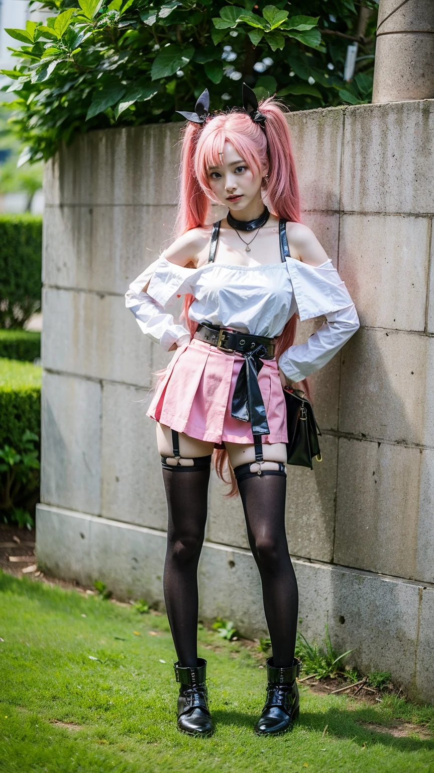 (8k、RAW Photos、Highest quality、masterpiece:1.2)、(Realistic、Realistic)、1 girl、((Pink Hair、Twin tails、mini skirt、Tube top、black、Thin legs、whole body、boots、one piece、tights、View from the front、Looking into the camera、belt、Stand with hands on hips))、cute