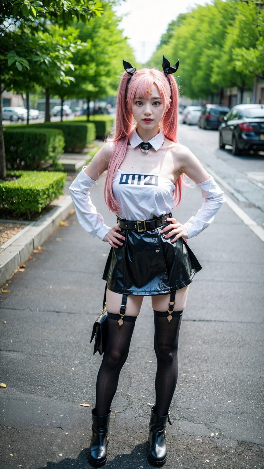 (8k、RAW Photos、Highest quality、masterpiece:1.2)、(Realistic、Realistic)、1 girl、((Pink Hair、Twin tails、mini skirt、Tube top、black、Thin legs、whole body、boots、one piece、tights、View from the front、Looking into the camera、belt、Stand with hands on hips))、cute