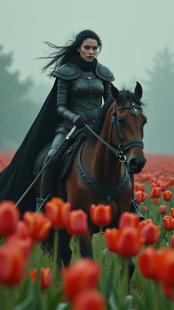 dark fantasy, sinister atmosphere, female elf archer, light Leather armor,  fast gallop on a horse through a field of wild tulips, detailed, profile shot, full body shot, disheveled hair from running, wide angle shot