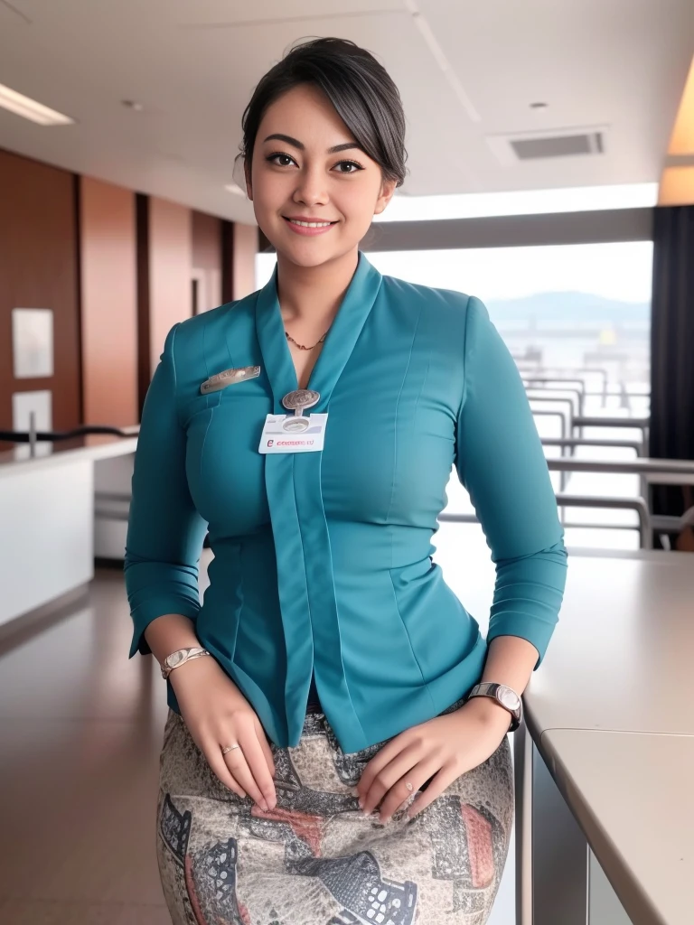 1girl, solo, 19 years old, standing in the middle of a large airport, thick medium breasts, semi-curvy body, smooth realistic skin, cute little smirk, wearing flight attendant uniform, looking at the audience, (overhead shot:1.2), (zoom out:1.4), (8k, RAW photo, best quality, masterpiece: 1.4), (realistic, realistic: 1.37), ultra-high resolution, cowboy shot