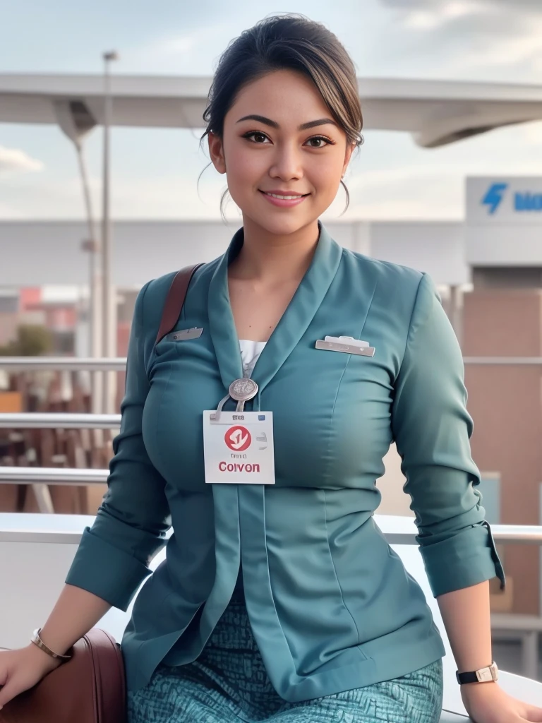 1girl, solo, 19 years old, standing in the middle of a large airport, thick medium breasts, semi-curvy body, smooth realistic skin, cute little smirk, wearing flight attendant uniform, looking at the audience, (overhead shot:1.2), (zoom out:1.4), (8k, RAW photo, best quality, masterpiece: 1.4), (realistic, realistic: 1.37), ultra-high resolution, cowboy shot