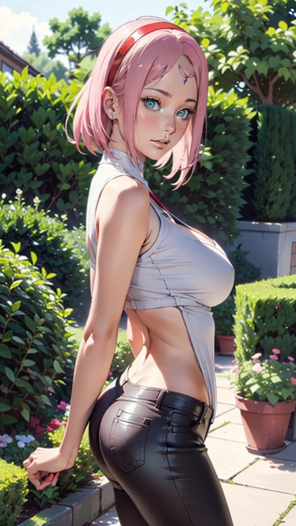 1 girl,sexy body,perfect body,very tight clothing,shows a lot of skin,sexy clothes,,Natural Breasts ,standing in the garden,close up shot,arms behind back,sakura haruno,red hairband, white shirt,black jeans,hot, big breasts, front view, pornographic pose
