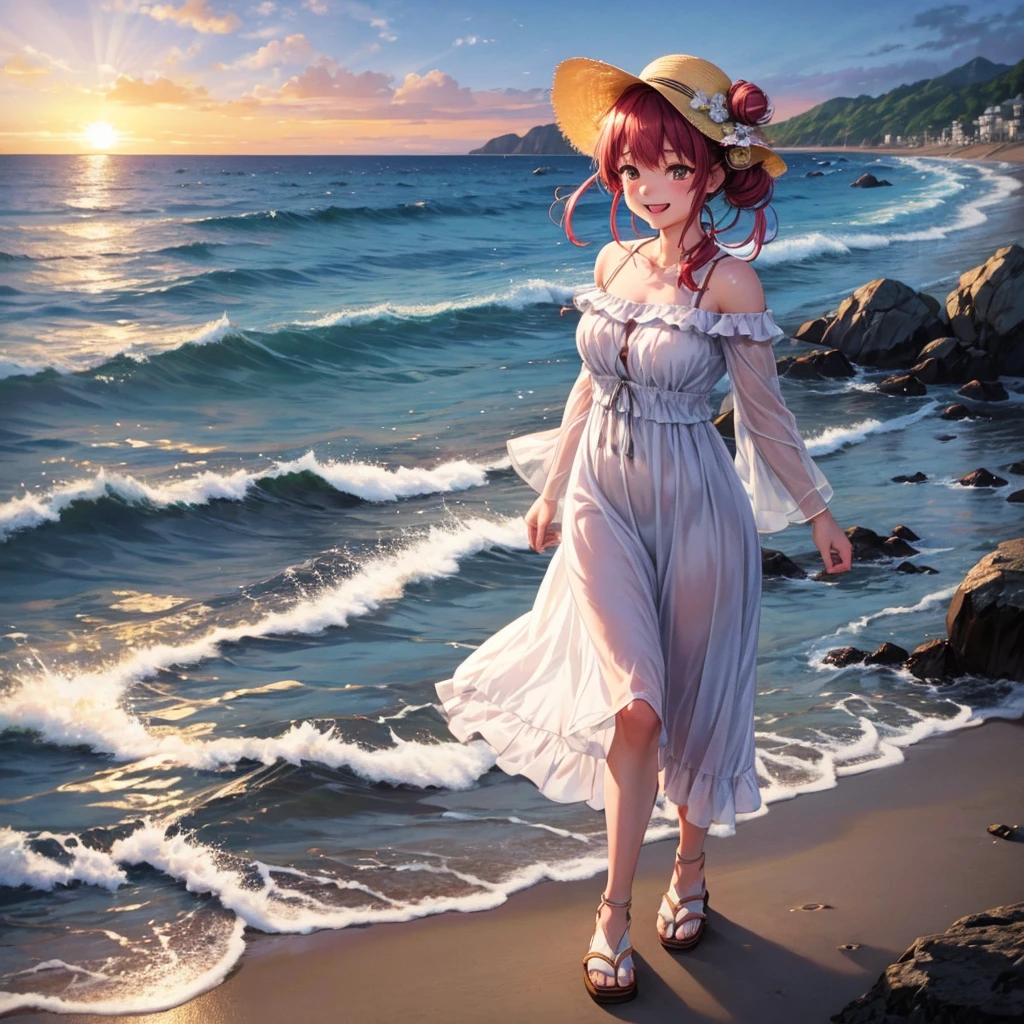 Photorealistic, high-quality 32k photo of a beautiful Japanese girl in a summer dress, with detailed eyes and a joyful smile, walking along the beach. She’s wearing a light, flowy dress with sandals, her hair tied back in a casual bun, and a sun hat. The image captures her full body with the serene beach and sunset in the background, emphasizing her carefree spirit and the romantic beach setting