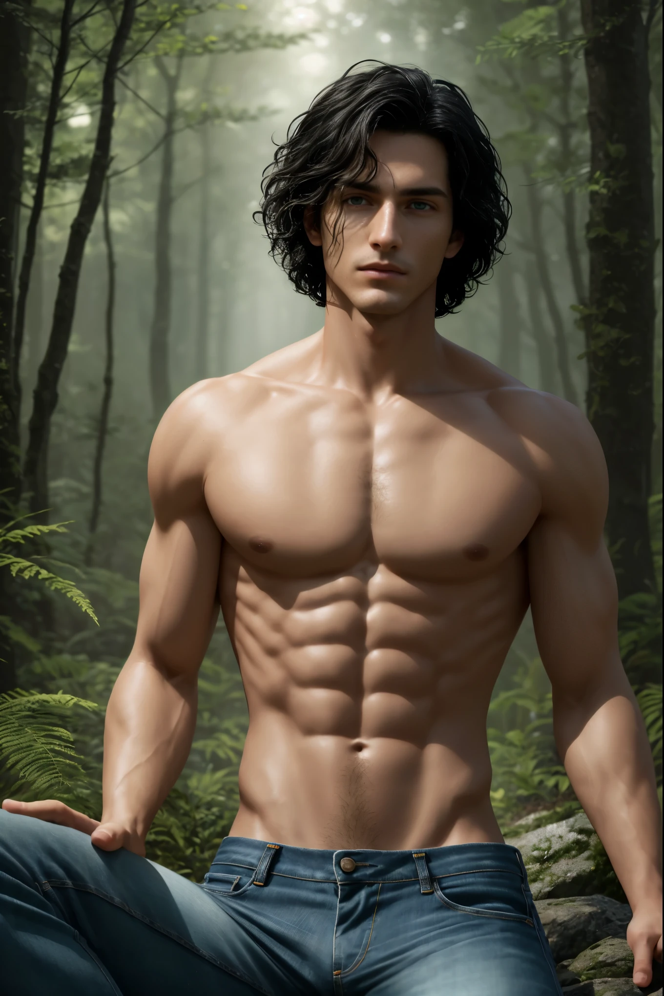 Masterpiece, A boy has 23 years old. He has short black hair and green eyes, 1boy, AS-Adult, short-haired, black hair, amazing physicality, shirtless and jeans, green eyes, wavy-hair, totally-clean-shave symmetrical face. Symmetrical, smooth, clean shave focus, illustration, realistic, artstation, award winning photography, octane render, cinematic lighting from the right, hyper realism, octane render, 8k, depth of field, 3D. He looks at the viewer. Full figure. Backgound a forest.