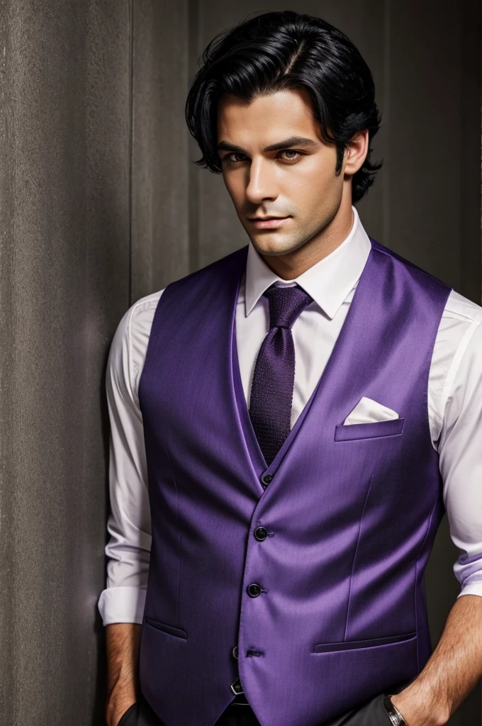 Best quality, man, handsome, black hair, purple eyes, vest